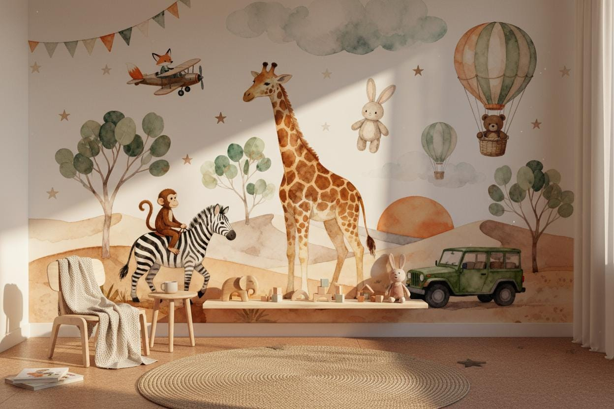 Baby Nursery Peel And Stick Wallpaper - Çizgi Film Hayvanları Temalı Duvar Resmi,