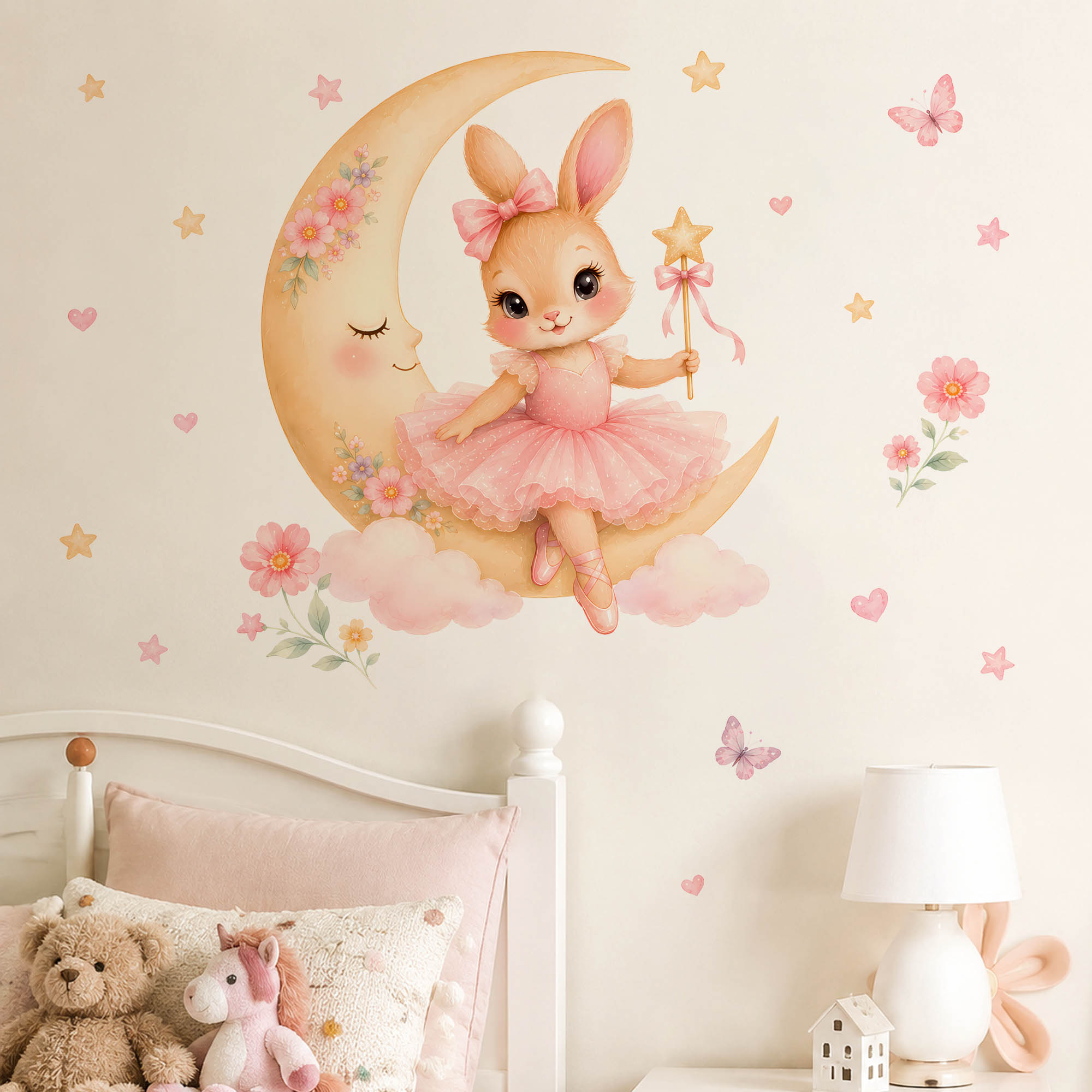 Baby Nursery Decor Girl - Suluboya Balerin Tavşanlı Ay Duvar Çıkartmaları