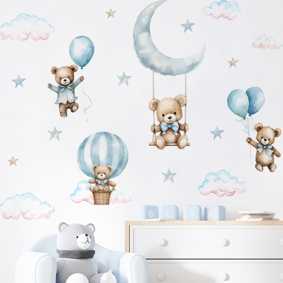 Baby Nursery Boy - Suluboya Ayı Sıcak Hava Balonu Bulut