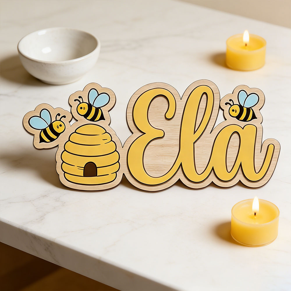 Baby Nursery Decor Girl - Kişiselleştirilmiş Sevimli Arı Kovanı Adı Ahşap