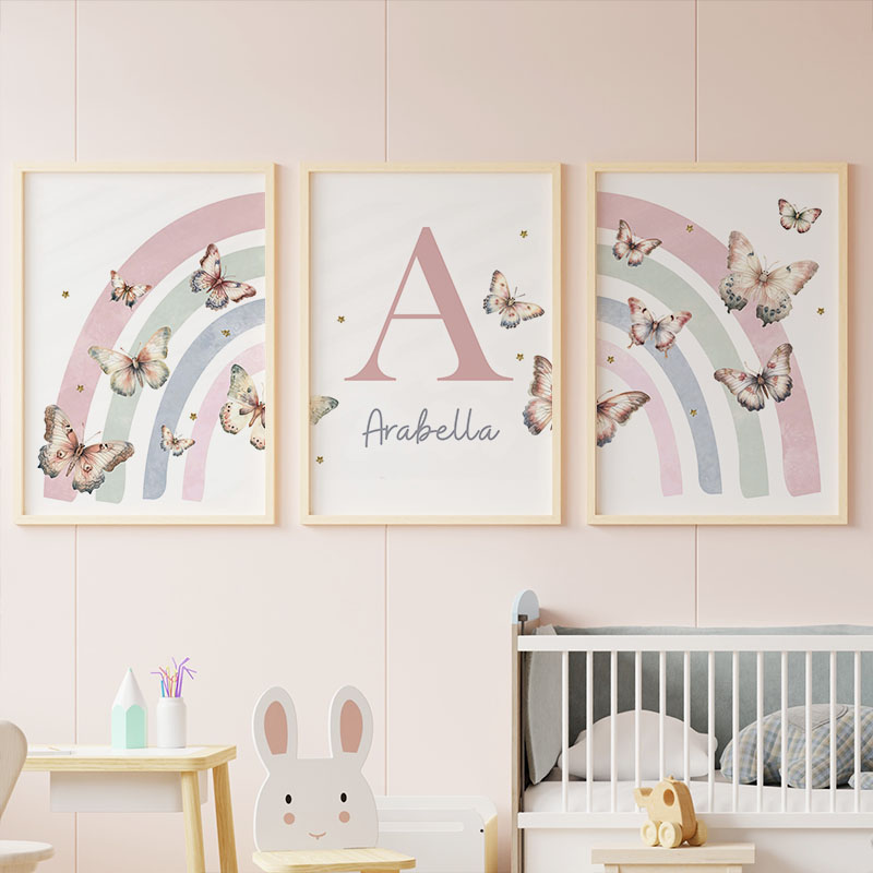Baby Nursery Decor Girl - Pembe Gökkuşağı Kelebek Özel Bebek Adı