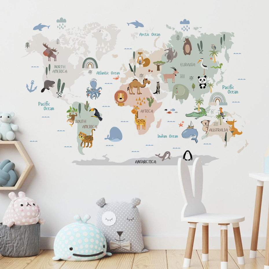 Baby Nursery Decor Girl - Suluboya Karikatür Dünya Haritası duvar çıkartmaları